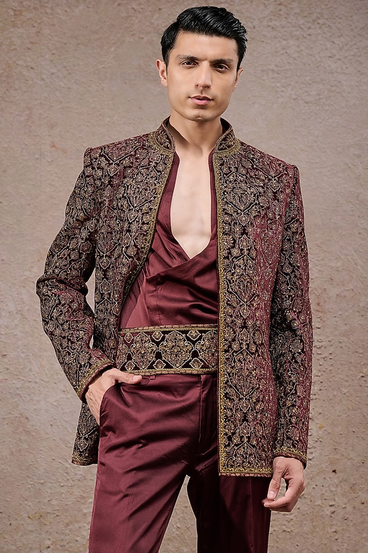 Wine Silk Velvet Zardosi Embroidered Groom Bandhgala Set by Tarun Tahiliani Men at Pernia's Pop Up Shop