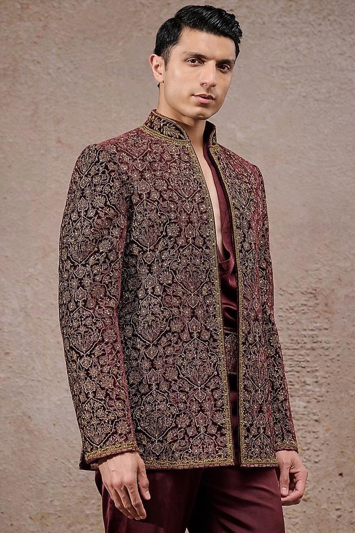 Wine Silk Velvet Zardosi Embroidered Groom Bandhgala Set by Tarun Tahiliani Men at Pernia's Pop Up Shop