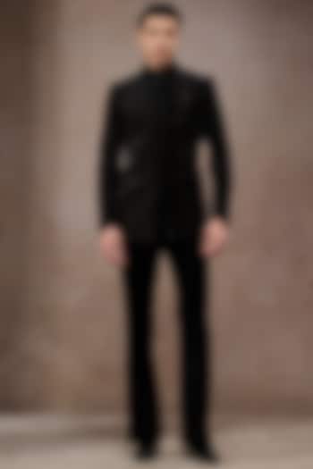 Black Cotton Velvet & Cotton Satin Groom Bandhgala Set by Tarun Tahiliani Men at Pernia's Pop Up Shop