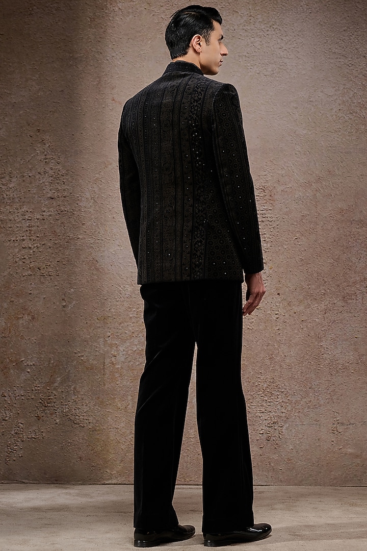 Black Cotton Velvet & Cotton Satin Groom Bandhgala Set by Tarun Tahiliani Men at Pernia's Pop Up Shop