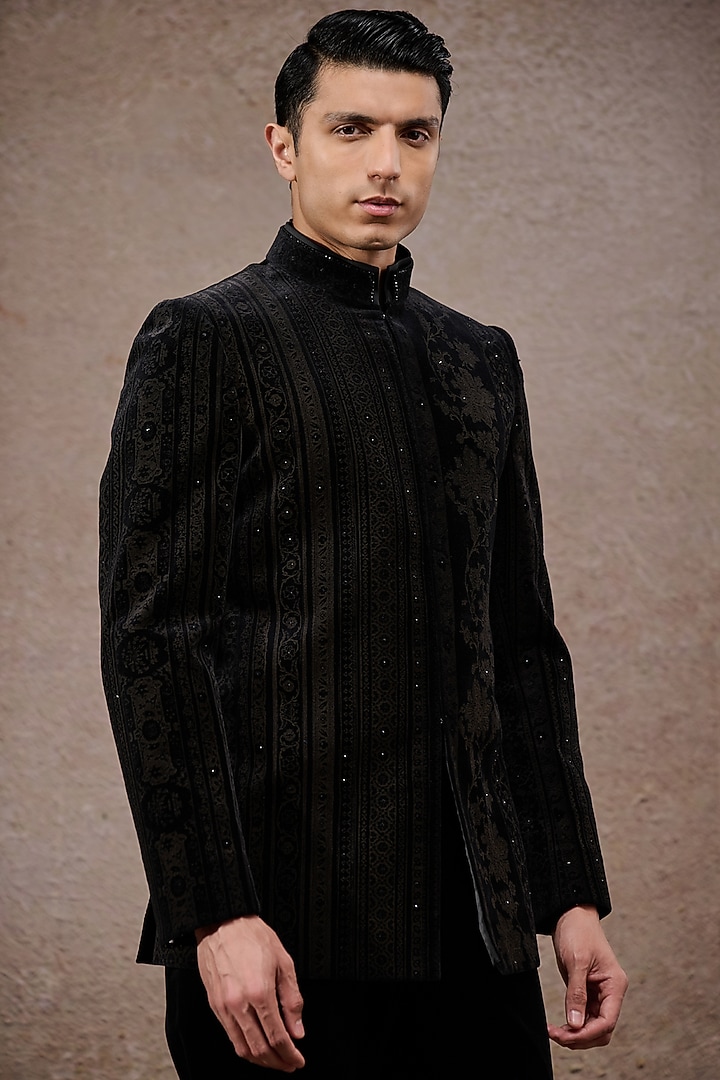 Black Cotton Velvet & Cotton Satin Groom Bandhgala Set by Tarun Tahiliani Men at Pernia's Pop Up Shop