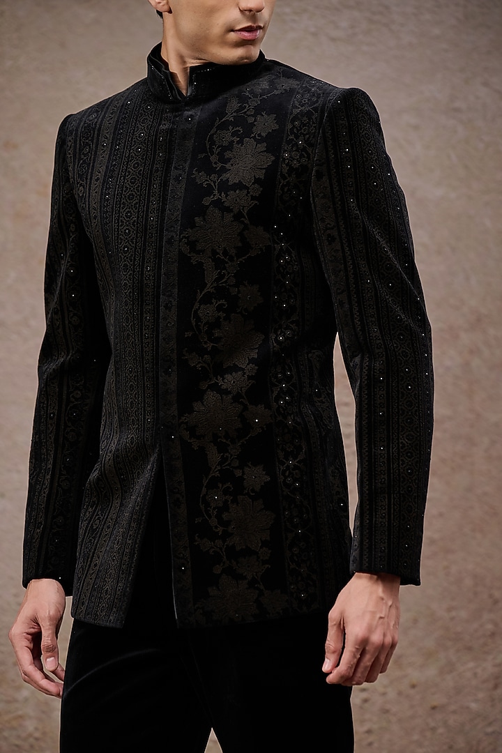 Black Cotton Velvet & Cotton Satin Groom Bandhgala Set by Tarun Tahiliani Men at Pernia's Pop Up Shop