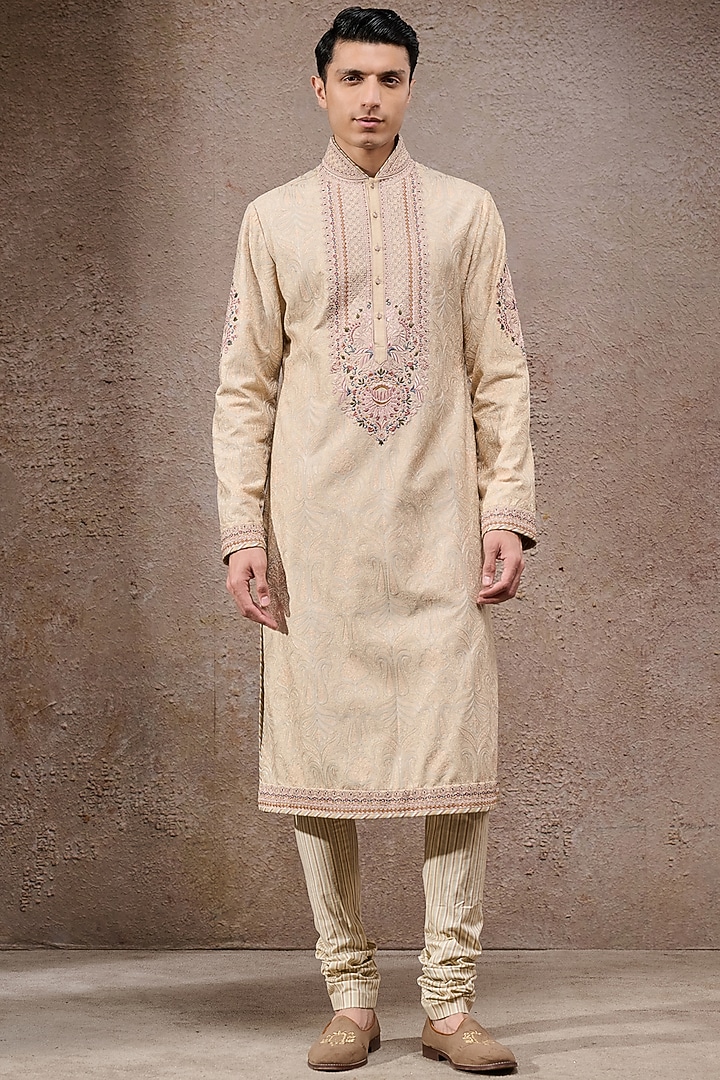 Beige Jacquard & Stretch Poplin Thread Embroidered Kurta Set by Tarun Tahiliani Men at Pernia's Pop Up Shop