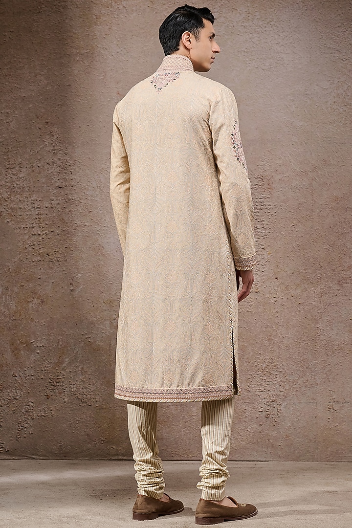 Beige Jacquard & Stretch Poplin Thread Embroidered Kurta Set by Tarun Tahiliani Men at Pernia's Pop Up Shop