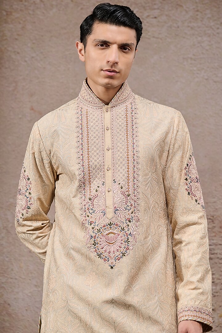 Beige Jacquard & Stretch Poplin Thread Embroidered Kurta Set by Tarun Tahiliani Men at Pernia's Pop Up Shop