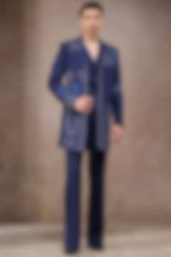 Navy Blue Double Georgette Hand Embroidered Groom Sherwani Set by Tarun Tahiliani Men at Pernia's Pop Up Shop