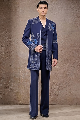 Navy Blue Double Georgette Hand Embroidered Bandhgala Set by Tarun Tahiliani Men
