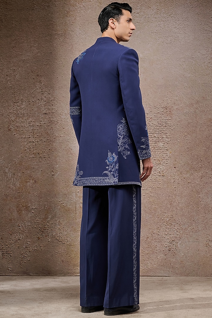 Navy Blue Double Georgette Hand Embroidered Groom Bandhgala Set by Tarun Tahiliani Men at Pernia's Pop Up Shop