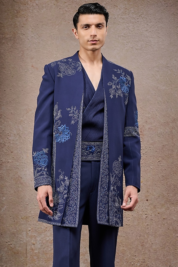 Navy Blue Double Georgette Hand Embroidered Groom Bandhgala Set by Tarun Tahiliani Men at Pernia's Pop Up Shop
