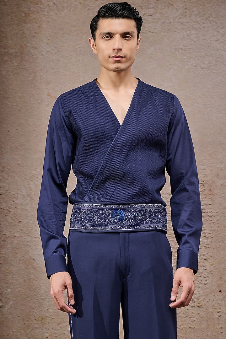 Navy Blue Double Georgette Hand Embroidered Groom Bandhgala Set by Tarun Tahiliani Men at Pernia's Pop Up Shop
