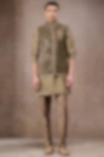 Olive Silk Velvet & Silk Dupion Threadwork Waistcoat Set by Tarun Tahiliani Men at Pernia's Pop Up Shop