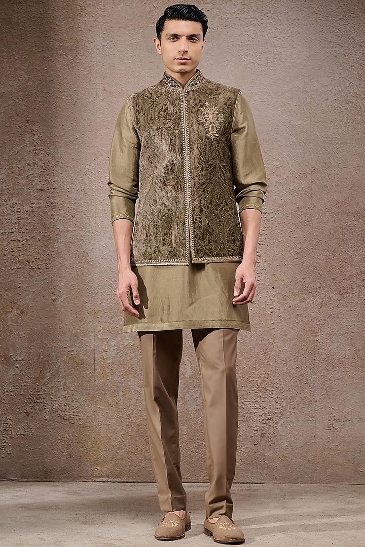 Olive Silk Velvet & Silk Dupion Threadwork Waistcoat Set by Tarun Tahiliani Men at Pernia's Pop Up Shop