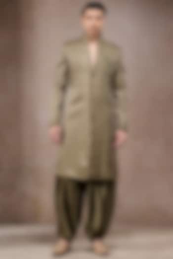 Olive Tissue Satin Zardosi Embroidered Groom Sherwani Set by Tarun Tahiliani Men at Pernia's Pop Up Shop