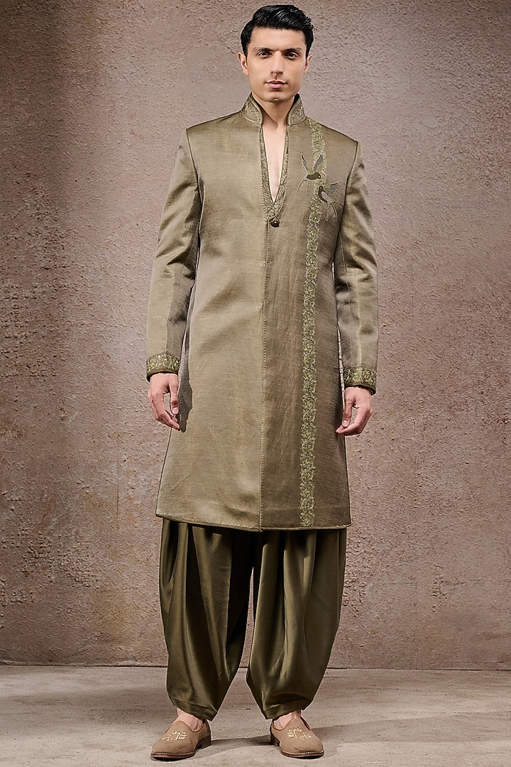 Olive Tissue Satin Zardosi Embroidered Groom Sherwani Set by Tarun Tahiliani Men at Pernia's Pop Up Shop