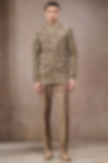 Olive Silk Velvet Zari Thread Embroidered Groom Bandhgala Set by Tarun Tahiliani Men at Pernia's Pop Up Shop