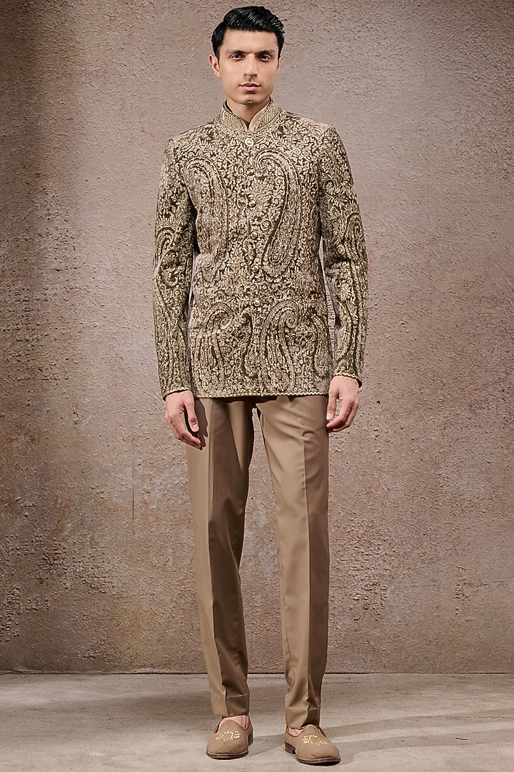 Olive Silk Velvet Zari Thread Embroidered Groom Bandhgala Set by Tarun Tahiliani Men at Pernia's Pop Up Shop