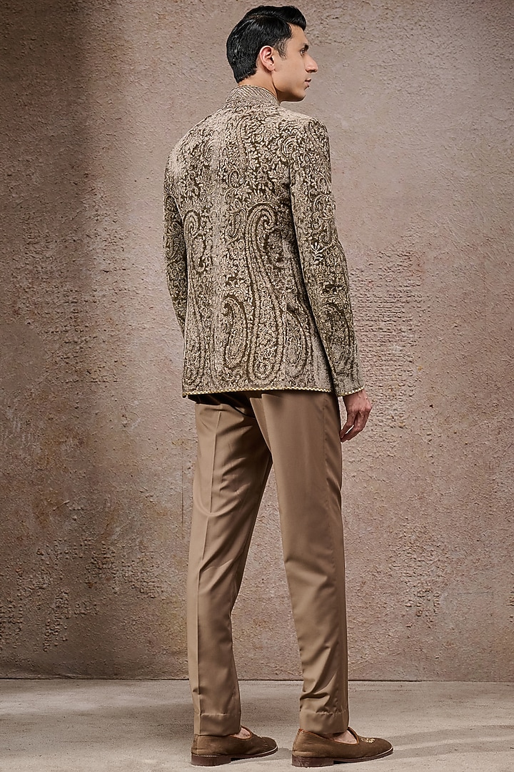 Olive Silk Velvet Zari Thread Embroidered Groom Bandhgala Set by Tarun Tahiliani Men at Pernia's Pop Up Shop