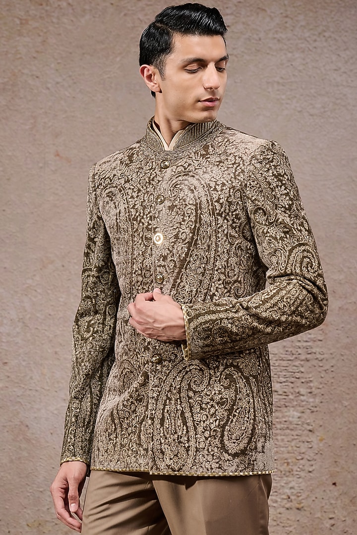 Olive Silk Velvet Zari Thread Embroidered Groom Bandhgala Set by Tarun Tahiliani Men at Pernia's Pop Up Shop