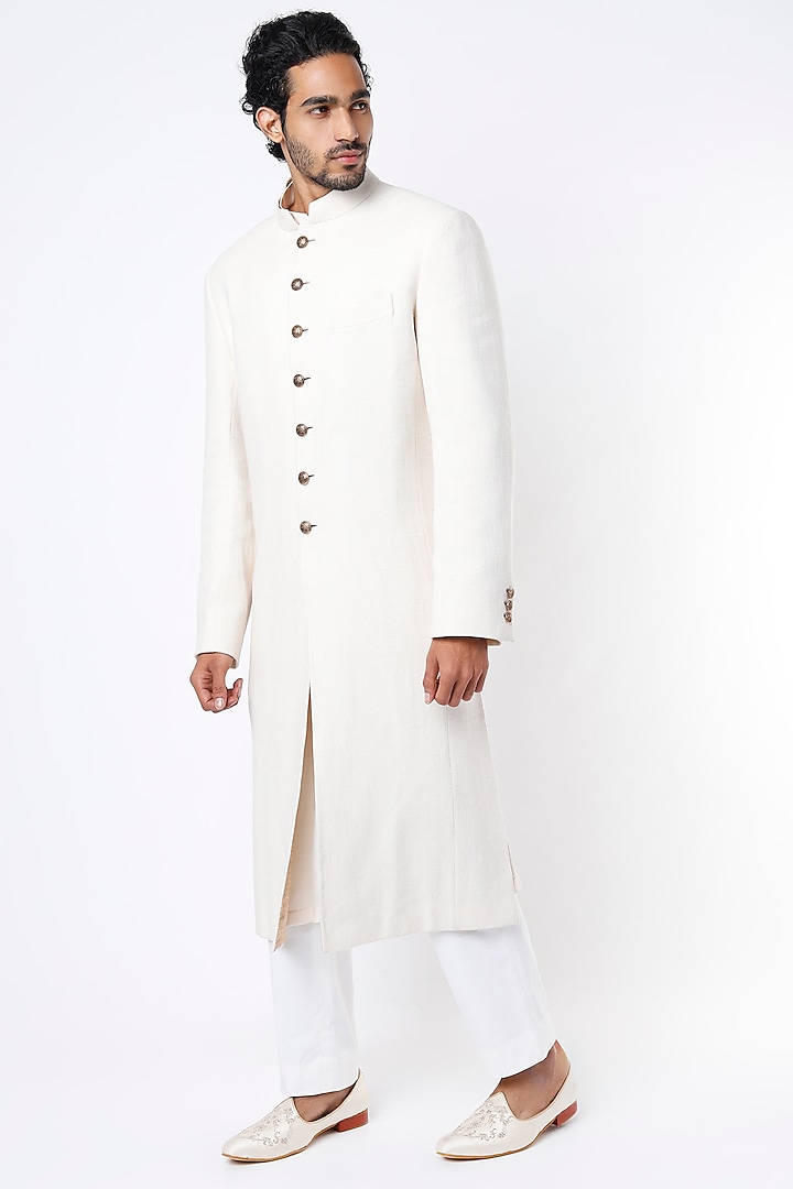 Ivory Textured Sherwani Set by Tarun Tahiliani Men