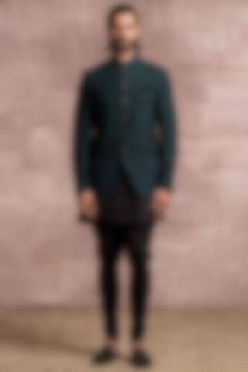 Emerald Green Khadi Groom Bandhgala Set by Tarun Tahiliani Men at Pernia's Pop Up Shop