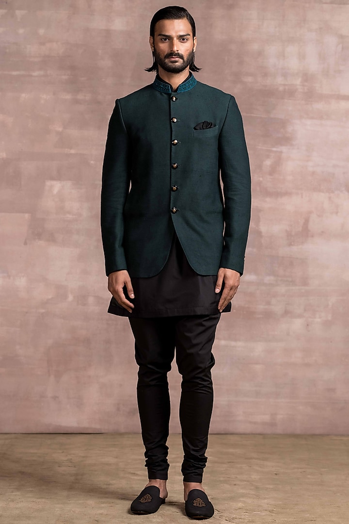 Emerald Green Khadi Groom Bandhgala Set by Tarun Tahiliani Men at Pernia's Pop Up Shop