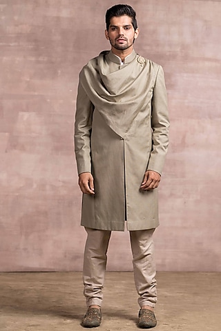 Olive Cotton Linen Bandhgala Set by Tarun Tahiliani Men