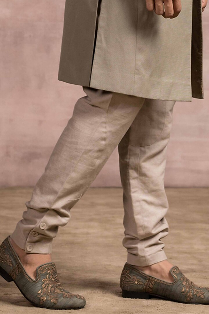 Olive Cotton Linen Groom Bandhgala Set by Tarun Tahiliani Men at Pernia's Pop Up Shop