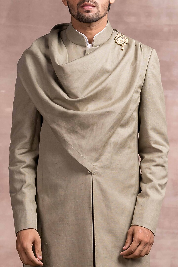 Olive Cotton Linen Groom Bandhgala Set by Tarun Tahiliani Men at Pernia's Pop Up Shop