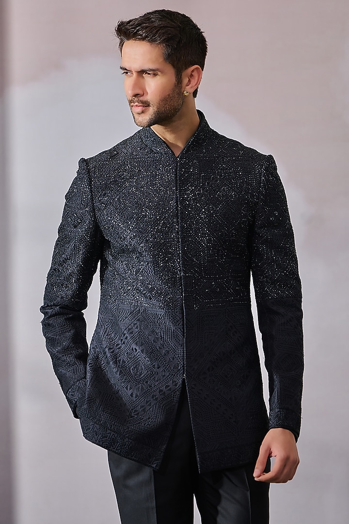 Black Silk Dupion Thread Work Groom Bandhgala Set by Tarun Tahiliani Men at Pernia's Pop Up Shop