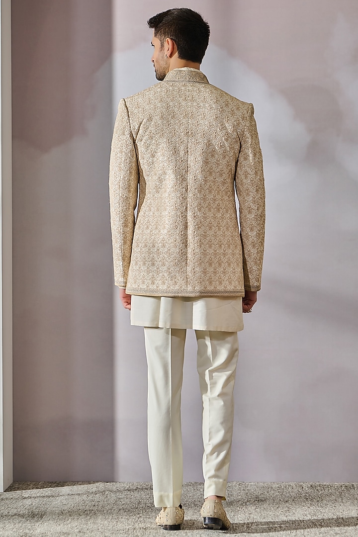 Ivory Raw Silk Embroidered Groom Bandhgala Set by Tarun Tahiliani Men at Pernia's Pop Up Shop