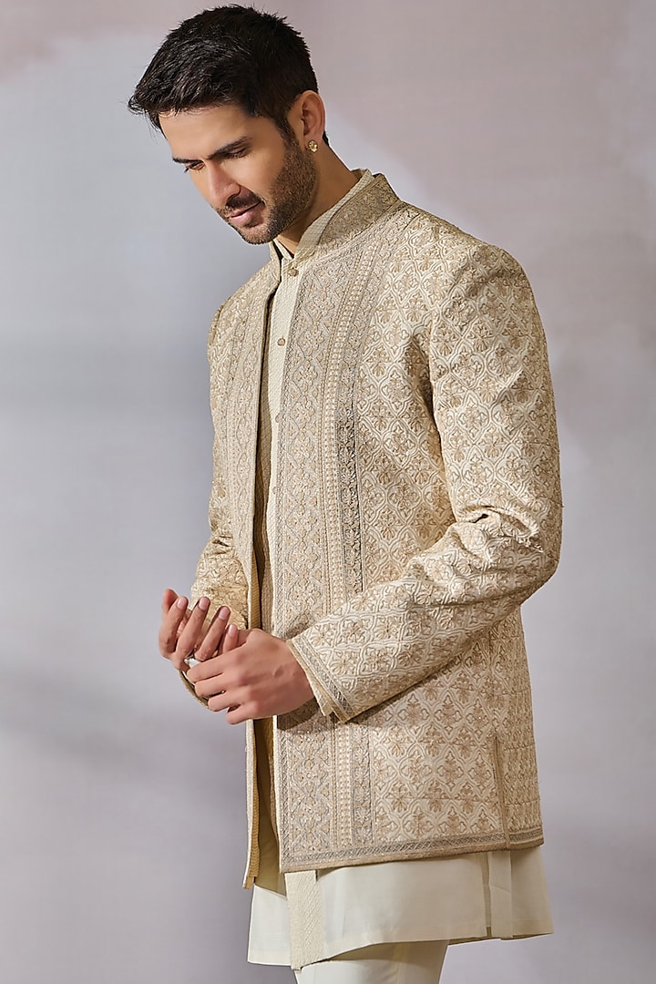 Ivory Raw Silk Embroidered Groom Bandhgala Set by Tarun Tahiliani Men at Pernia's Pop Up Shop