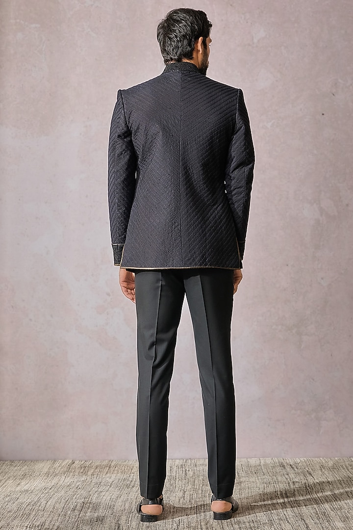 Black Chanderi Jacquard Hand Embroidered Groom Bandhgala Set by Tarun Tahiliani Men at Pernia's Pop Up Shop