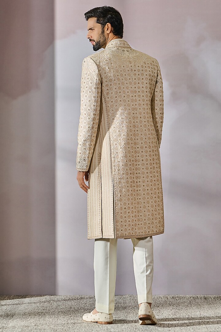 Ivory Silk Dupion Hand Embroidered Groom Sherwani Set by Tarun Tahiliani Men at Pernia's Pop Up Shop