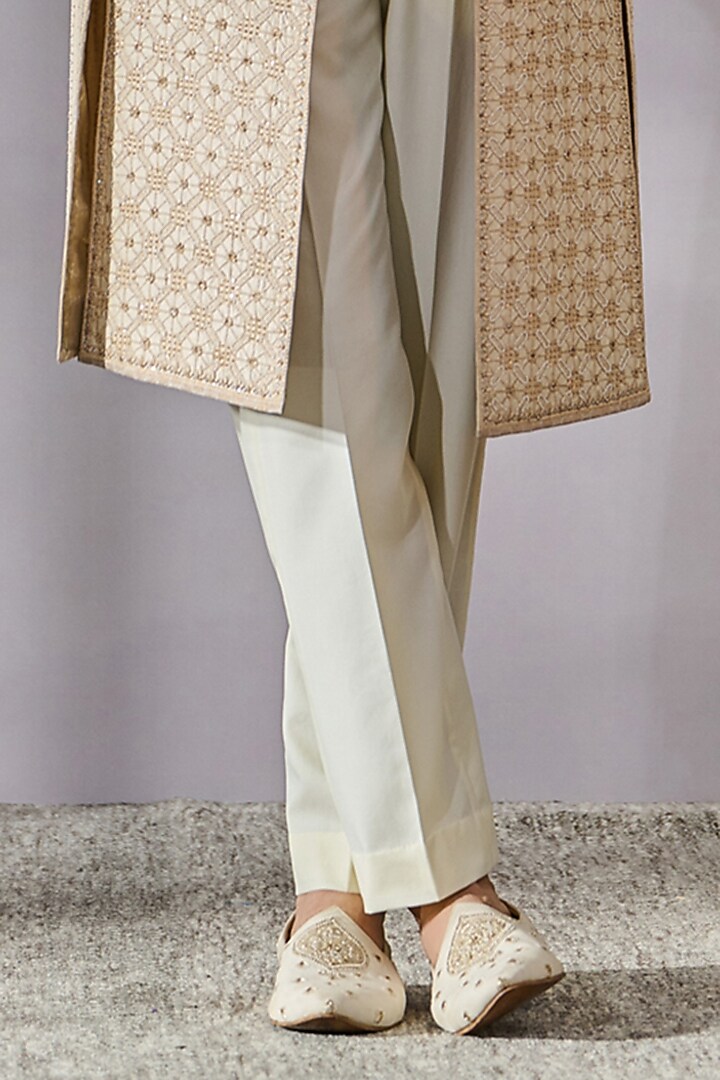 Ivory Silk Dupion Hand Embroidered Groom Sherwani Set by Tarun Tahiliani Men at Pernia's Pop Up Shop