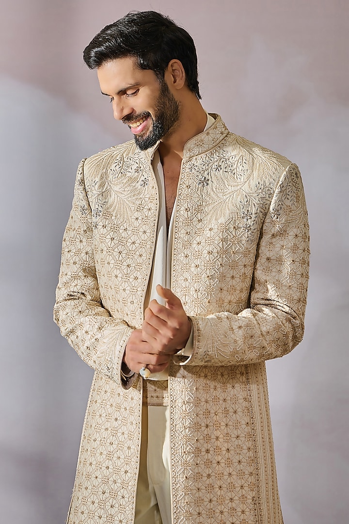 Ivory Silk Dupion Hand Embroidered Groom Sherwani Set by Tarun Tahiliani Men at Pernia's Pop Up Shop