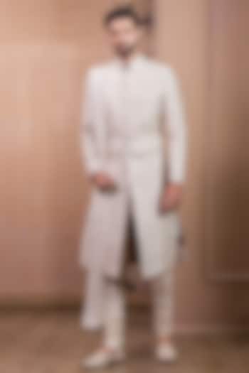 Ivory Raw Silk Hand Embroidered Groom Sherwani Set by Tarun Tahiliani Men at Pernia's Pop Up Shop