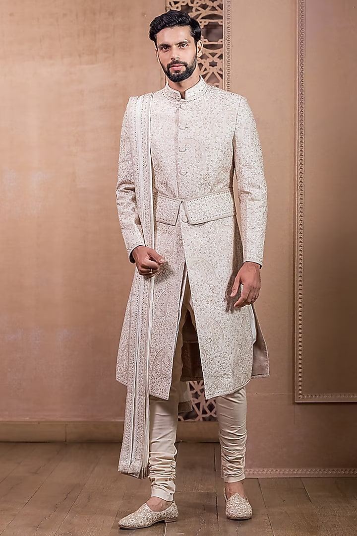 Ivory Raw Silk Hand Embroidered Groom Sherwani Set by Tarun Tahiliani Men at Pernia's Pop Up Shop