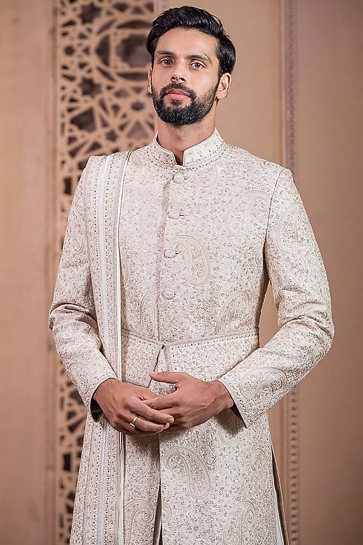 Ivory Raw Silk Hand Embroidered Groom Sherwani Set by Tarun Tahiliani Men at Pernia's Pop Up Shop