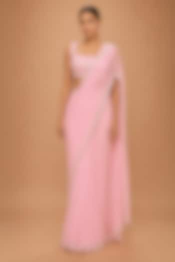 Pink Viscose Crepe & Organza Satin Crystal Embellished Pre-Draped Wedding Saree Set by THE MOLA at Pernia's Pop Up Shop