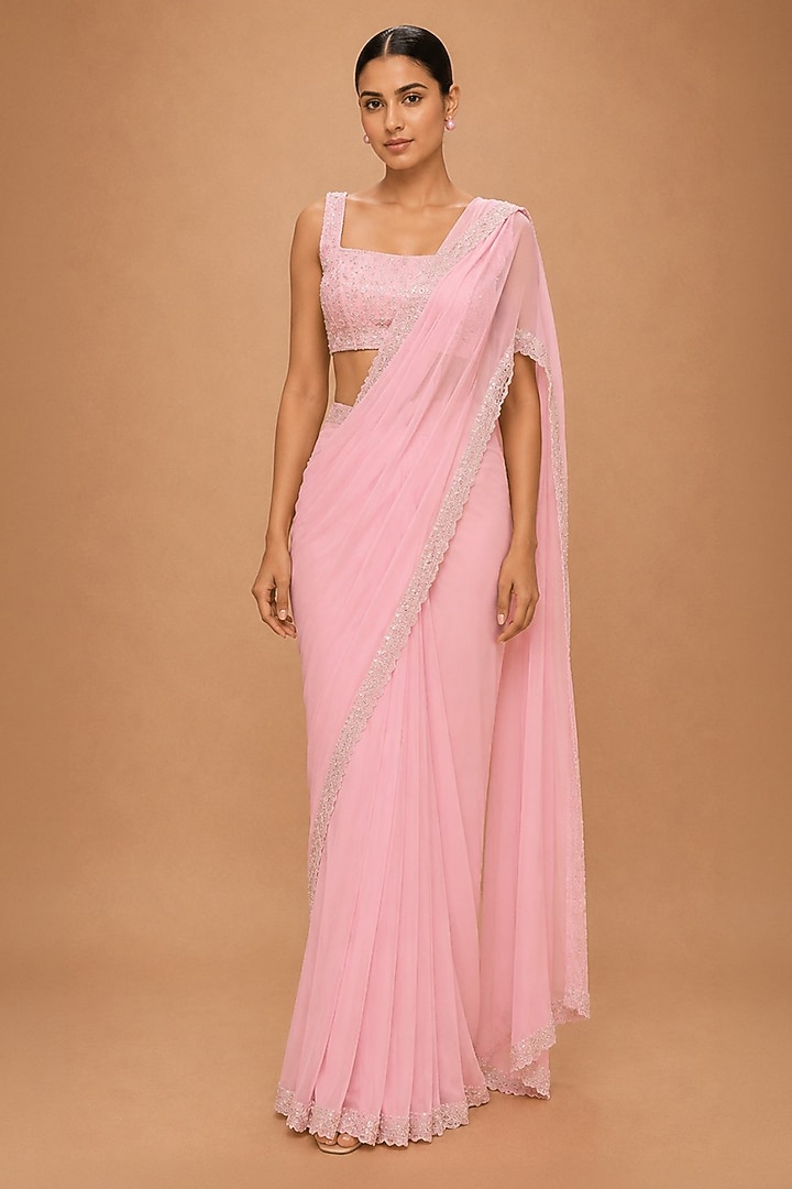Pink Viscose Crepe & Organza Satin Crystal Embellished Pre-Draped Wedding Saree Set by THE MOLA at Pernia's Pop Up Shop
