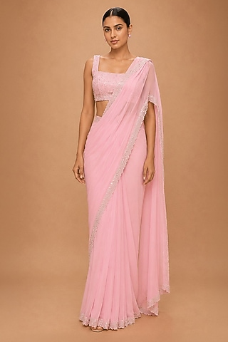 Pink Viscose Crepe & Organza Satin Crystal Embellished Pre-Draped Saree Set by THE MOLA
