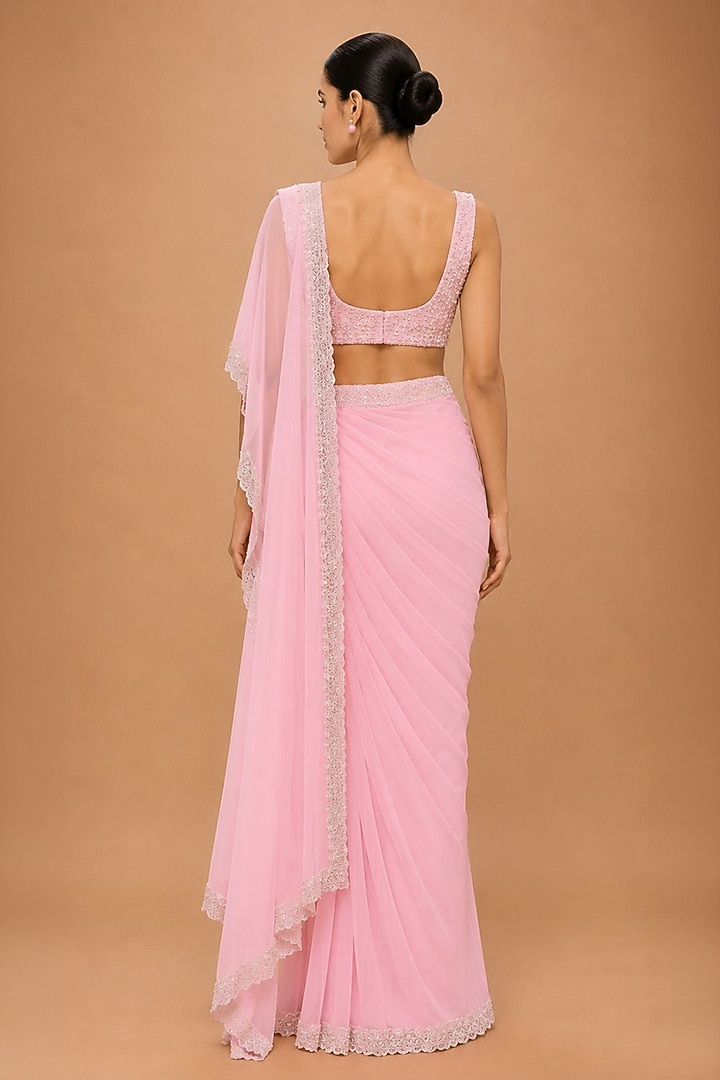 Pink Viscose Crepe & Organza Satin Crystal Embellished Pre-Draped Wedding Saree Set by THE MOLA at Pernia's Pop Up Shop
