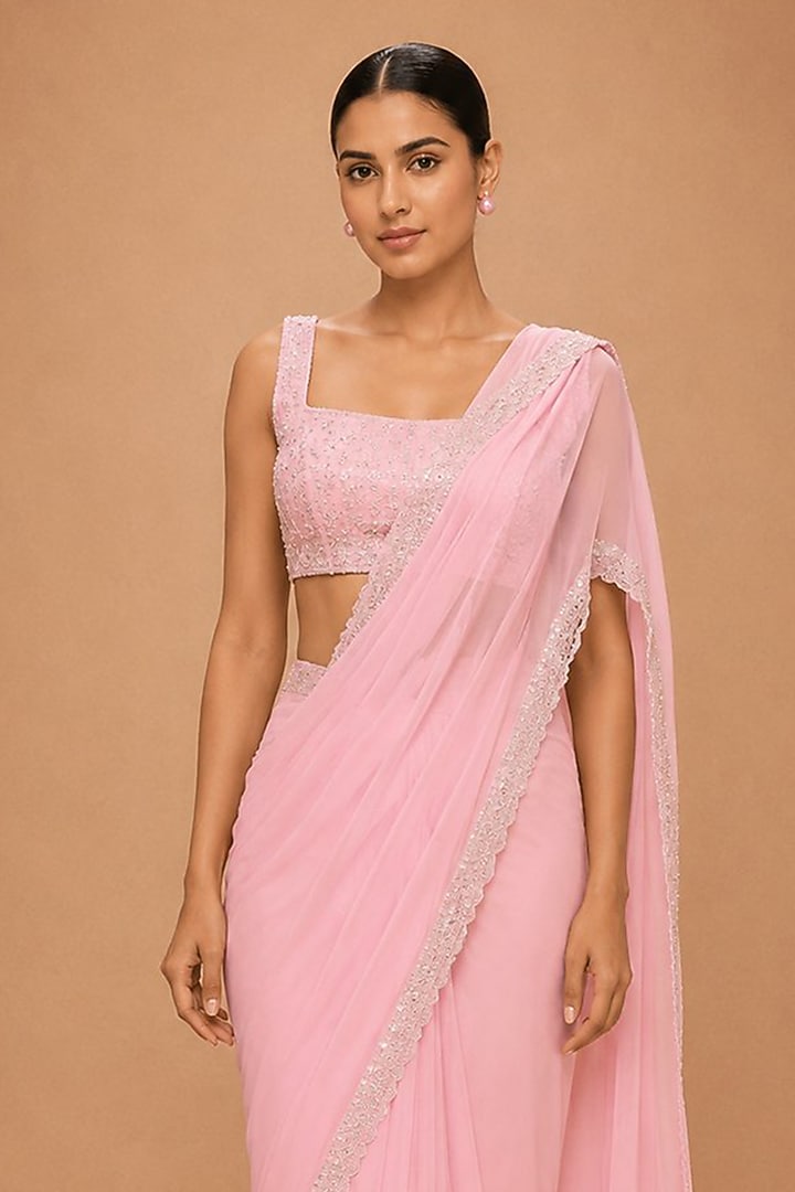 Pink Viscose Crepe & Organza Satin Crystal Embellished Pre-Draped Wedding Saree Set by THE MOLA at Pernia's Pop Up Shop
