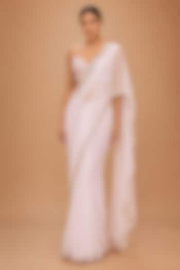 Baby Pink Viscose Chiffon & Organza Satin Embroidered Drape Reception Saree Set by THE MOLA at Pernia's Pop Up Shop