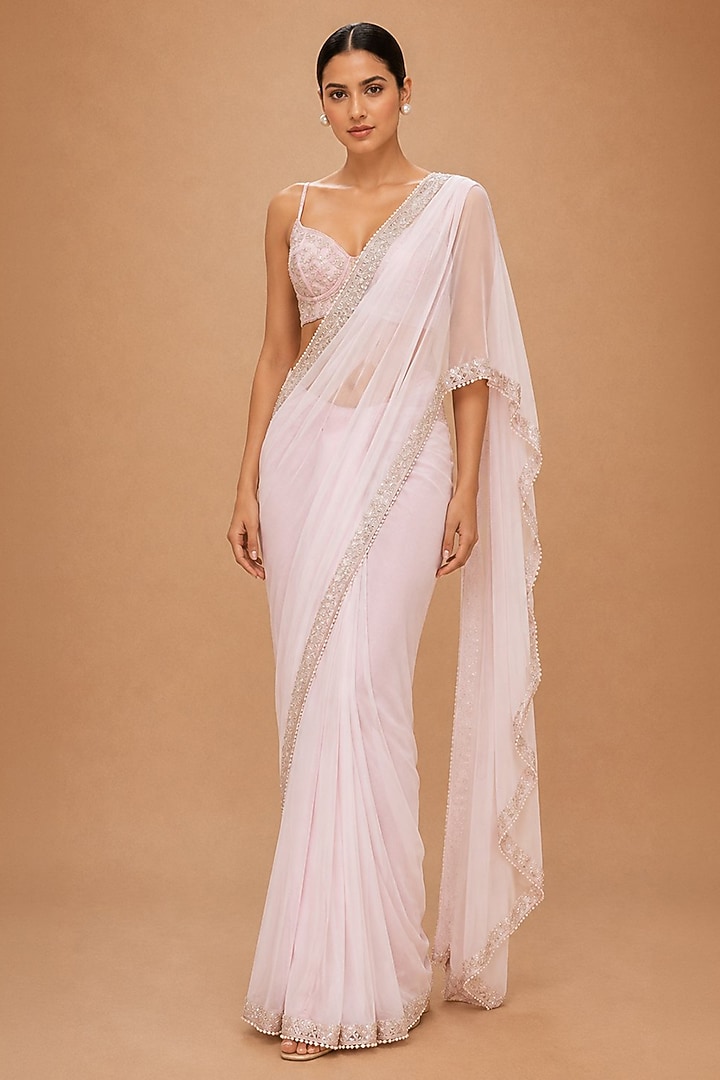 Baby Pink Viscose Chiffon & Organza Satin Embroidered Drape Reception Saree Set by THE MOLA at Pernia's Pop Up Shop