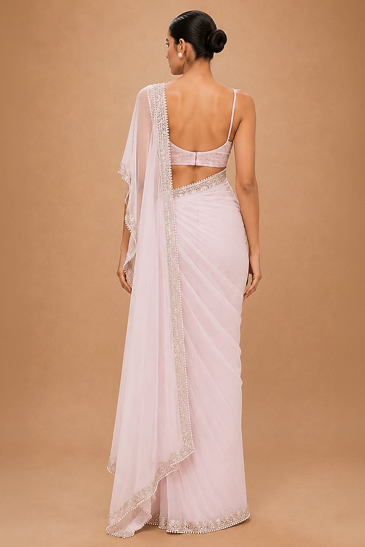 Baby Pink Viscose Chiffon & Organza Satin Embroidered Drape Reception Saree Set by THE MOLA at Pernia's Pop Up Shop