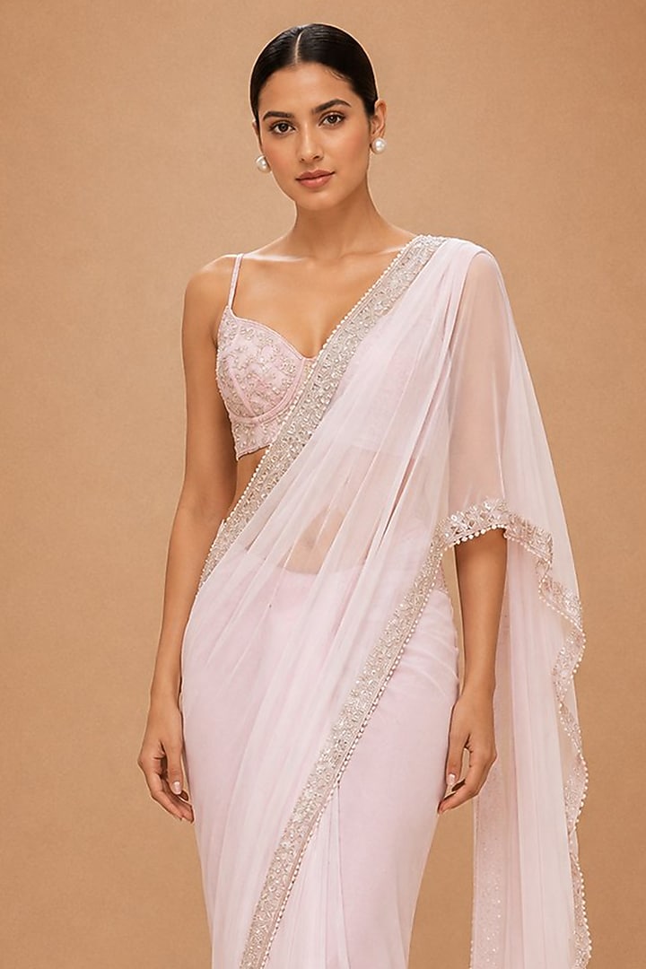 Baby Pink Viscose Chiffon & Organza Satin Embroidered Drape Reception Saree Set by THE MOLA at Pernia's Pop Up Shop