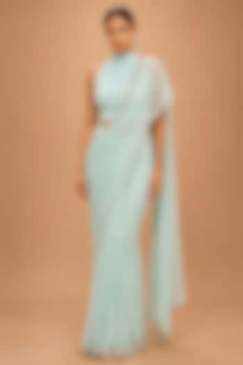 Aqua Mint Viscose Crepe & Organza Satin Crystal Embellished Pre-Stitched Reception Saree Set by THE MOLA at Pernia's Pop Up Shop