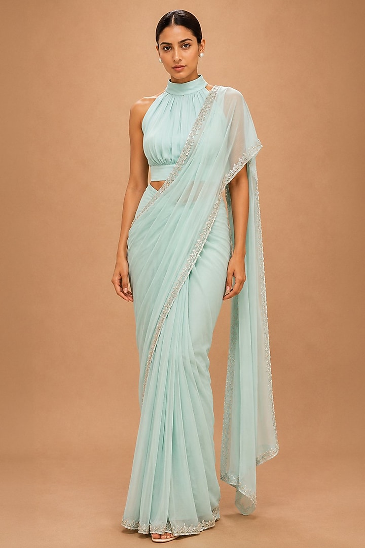 Aqua Mint Viscose Crepe & Organza Satin Crystal Embellished Pre-Stitched Reception Saree Set by THE MOLA at Pernia's Pop Up Shop