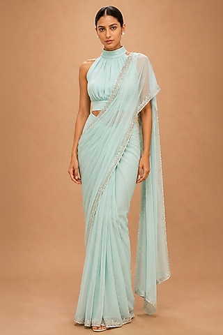 Aqua Mint Viscose Crepe & Organza Satin Crystal Embellished Pre-Stitched Saree Set by THE MOLA